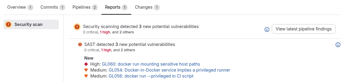 GitLab merge request Reports tab, Security scan: SAST detected 3 new potential vulnerabilities. New: High GL060 docker run mounting sensitive host paths, Medium GL054 Docker-in-Docker service implies a privileged runner, Medium GL056 docker run --privileged in CI script