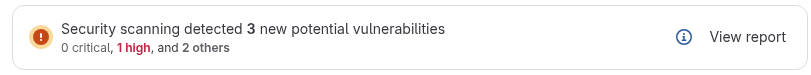 GitLab merge request widget: Security scanning detected 3 new potential vulnerabilities, 0 critical, 1 high, and 2 others, with a View report button